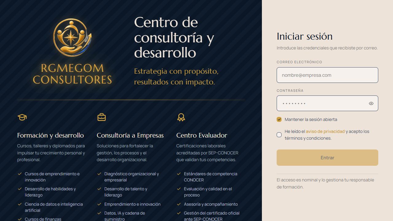 Pantalla pública de acceso a la plataforma de capacitación RGMEGOM